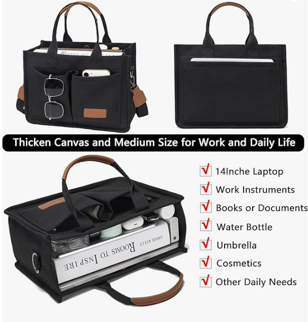 Canvas tote bag front pockets holding phone, keys, and pen for easy access