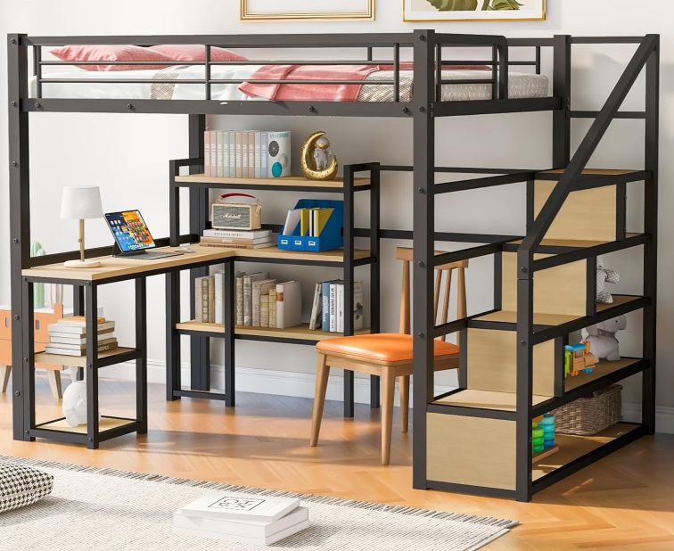  Full size loft bed with stairs and metal shelves, space-saving design for teens and adults