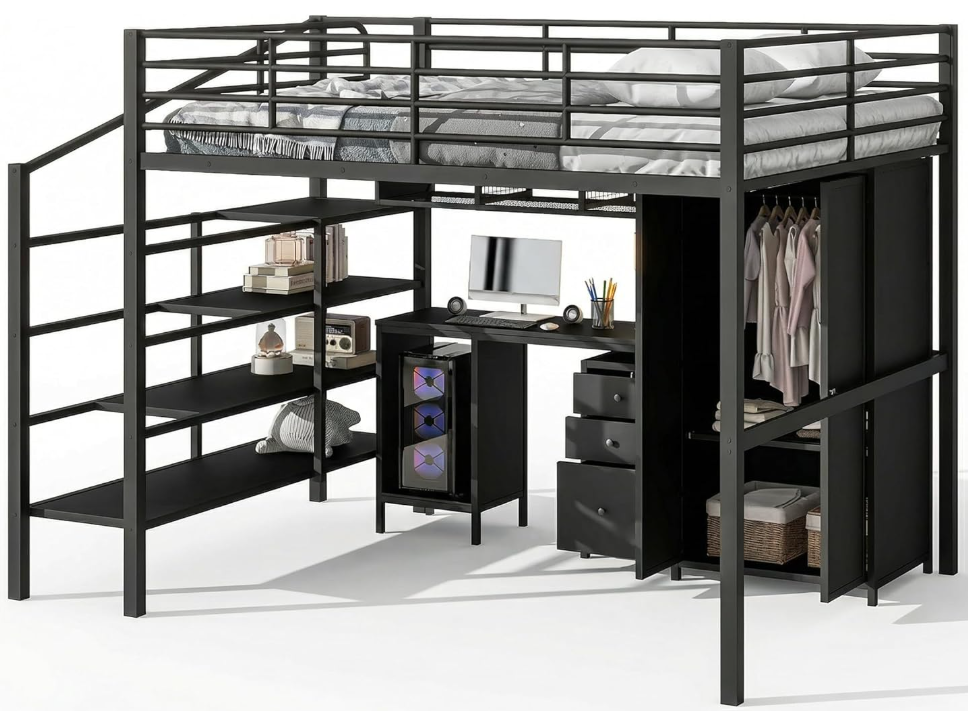 Full size loft bed with desk and stairs, wardrobe, and workstation for small bedrooms