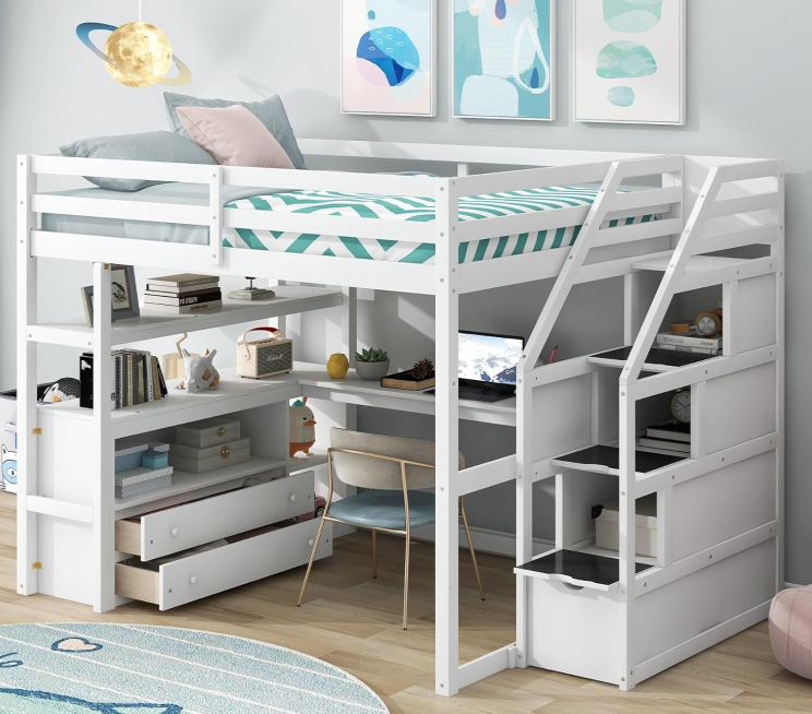 Full size loft bed with stairs, drawers, and storage shelves in heavy-duty metal frame