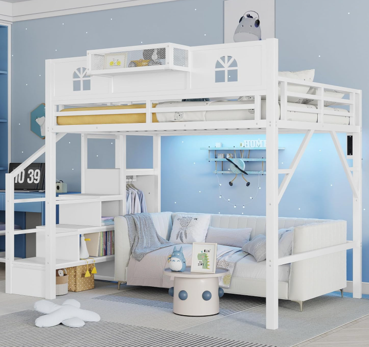  Full size loft bed with stairs, house-shaped guardrails, and a wardrobe for kids and teens