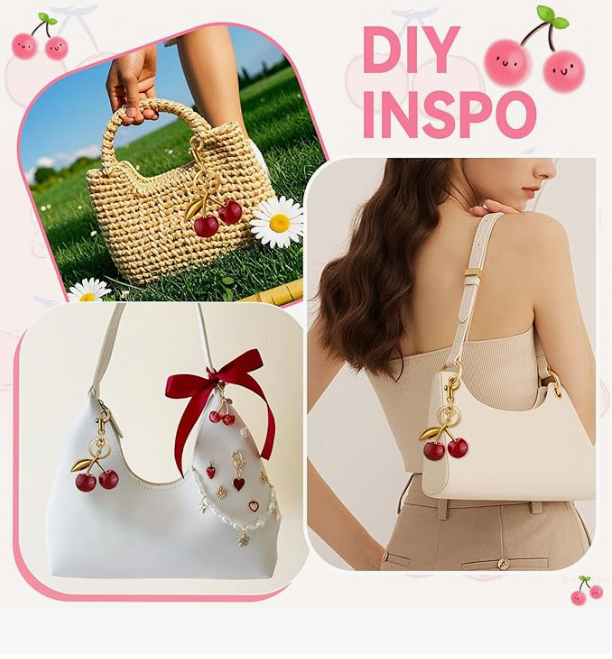 Several affordable bag charms laid out in different colors and styles