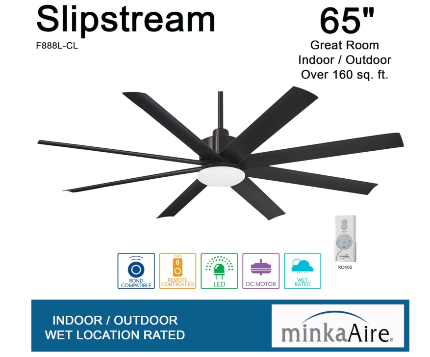 Minka-Aire Slipstream F888L-DK 65-inch 8-blade outdoor  fan with distressed koa finish and LED light