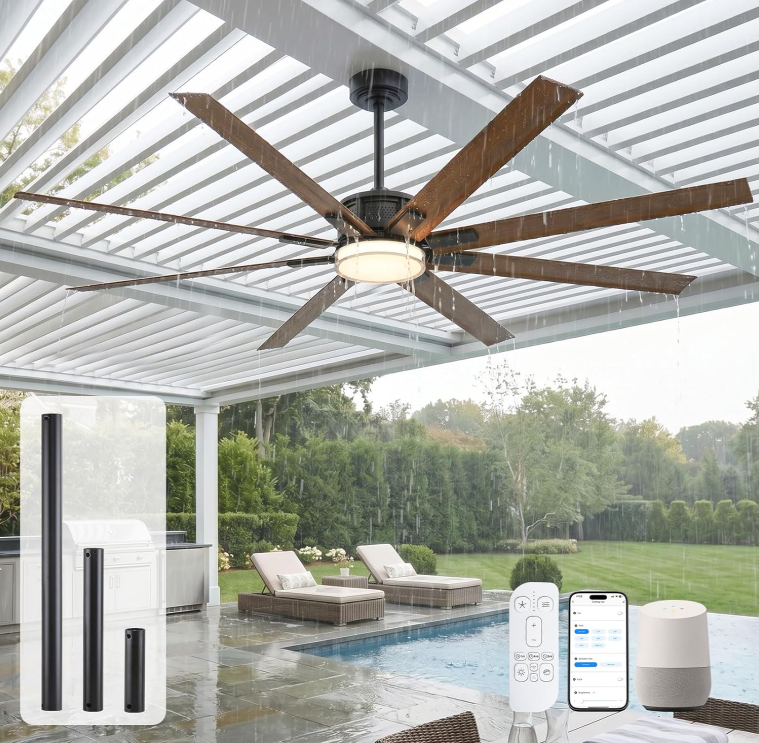 Commercial-grade waterproof outdoor  fan with integrated LED lights suitable for covered patio and porch use