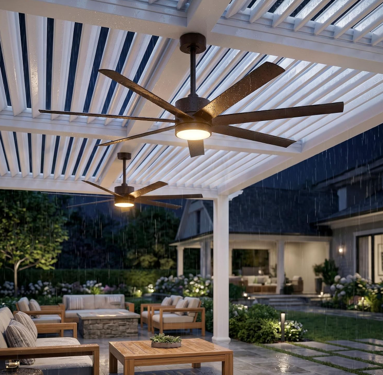 Commercial-grade waterproof outdoor ceiling fan with integrated LED lights suitable for covered patio and porch use