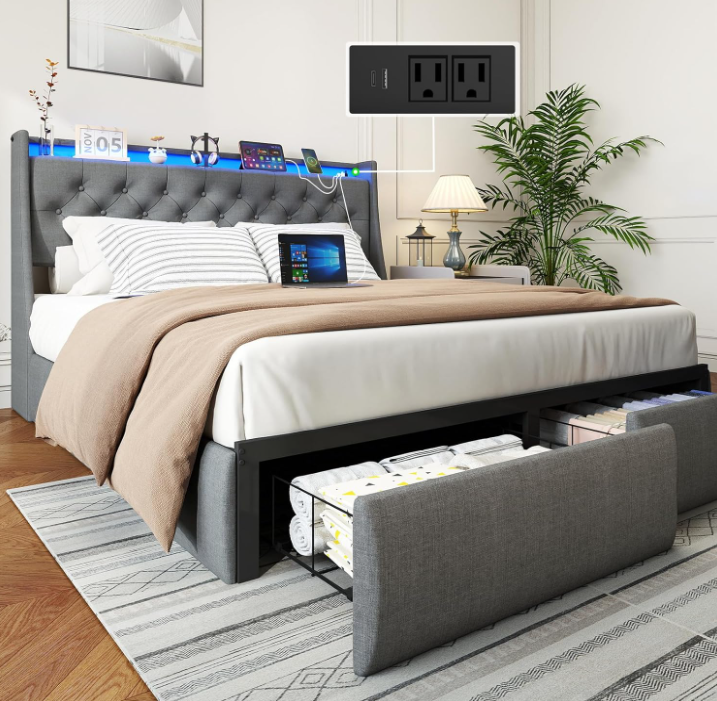 Doltoro full size bed frame with upholstered wingback headboard, built-in charging station, LED lights, and 2 storage drawers in gray
