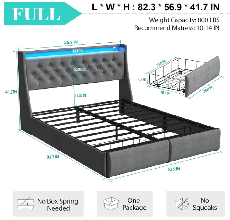 Close-up of Doltoro full size bed headboard featuring built-in AC outlets, USB charging ports, and RGB LED light strip in ambient bedroom setting