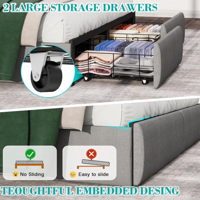 Doltoro full size bed frame assembled in a modern bedroom with gray upholstered wingback headboard, glowing RGB LED lights, and under-bed storage drawers closed neatly
