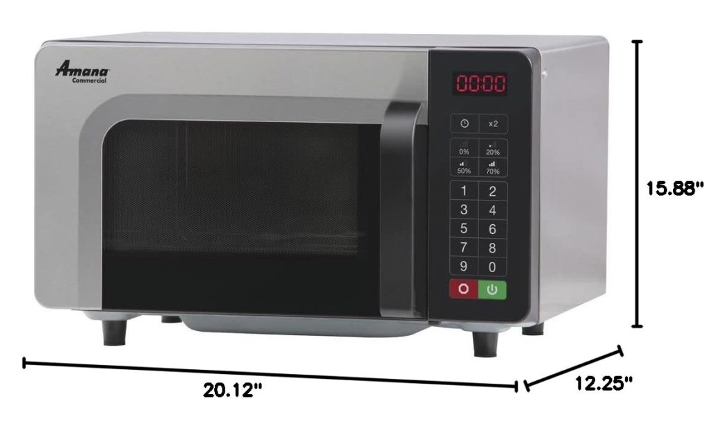 Amazon product listing page for Amana RMS10TSA commercial countertop microwave oven with stainless steel finish and push-button controls