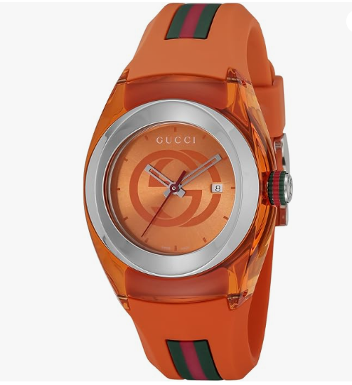 Gucci YA137311 orange dial male watch with bold color design, stainless steel case and rubber strap