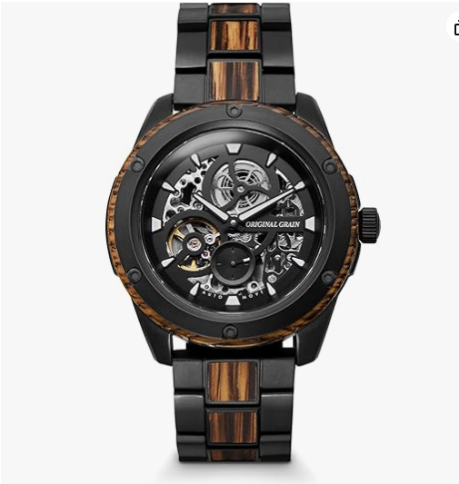 Original Grain Whiskey Black Rugged Automatic 44mm watch with Kentucky bourbon barrel wood and black stainless steel bracelet