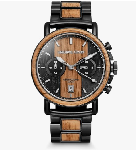  Original Grain Whiskey Black Chrono 44mm chronograph men's watch with bourbon barrel wood and matte black stainless steel