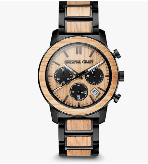  Original Grain Whiskey Black Barrel Chrono 42mm with Kentucky bourbon barrel wood inlays and black stainless steel bracelet