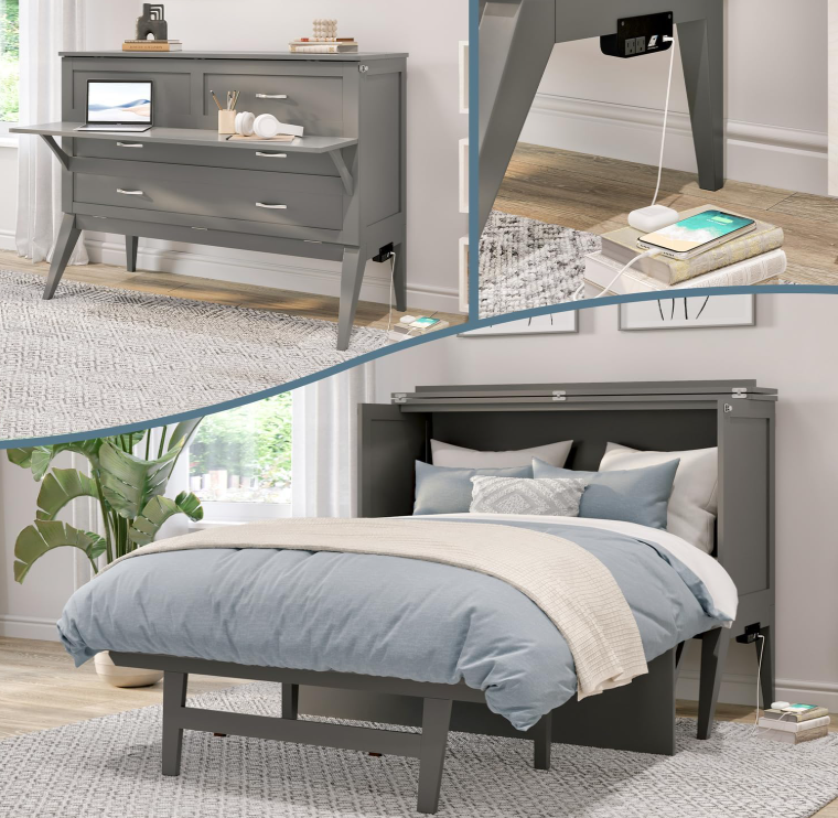  Maykoosh full size murphy bed with desk open showing the fold-down bed with memoryfoam mattress and built-in USB charging station in a modern bedroom