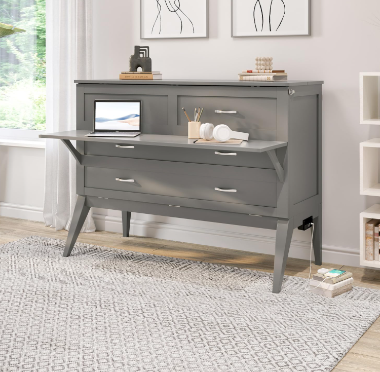  Maykoosh full size murphy bed with desk open showing the fold-down bed with memoryfoam mattress and built-in USB charging station in a modern bedroom