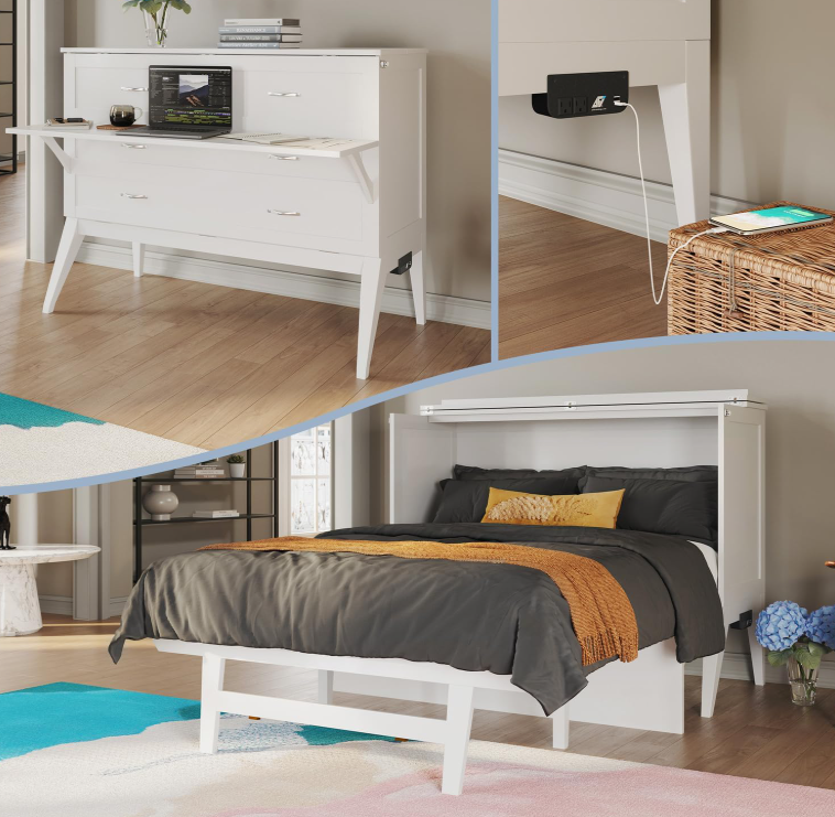 Maykoosh full size murphy bed with desk open showing the fold-down bed with memoryfoam mattress and built-in USB charging station in a modern bedroom