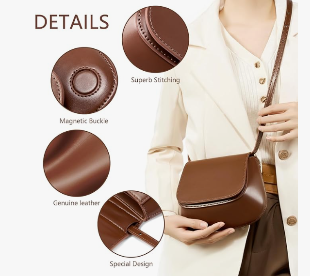 Inside pockets of a small genuine leather crossbody bag