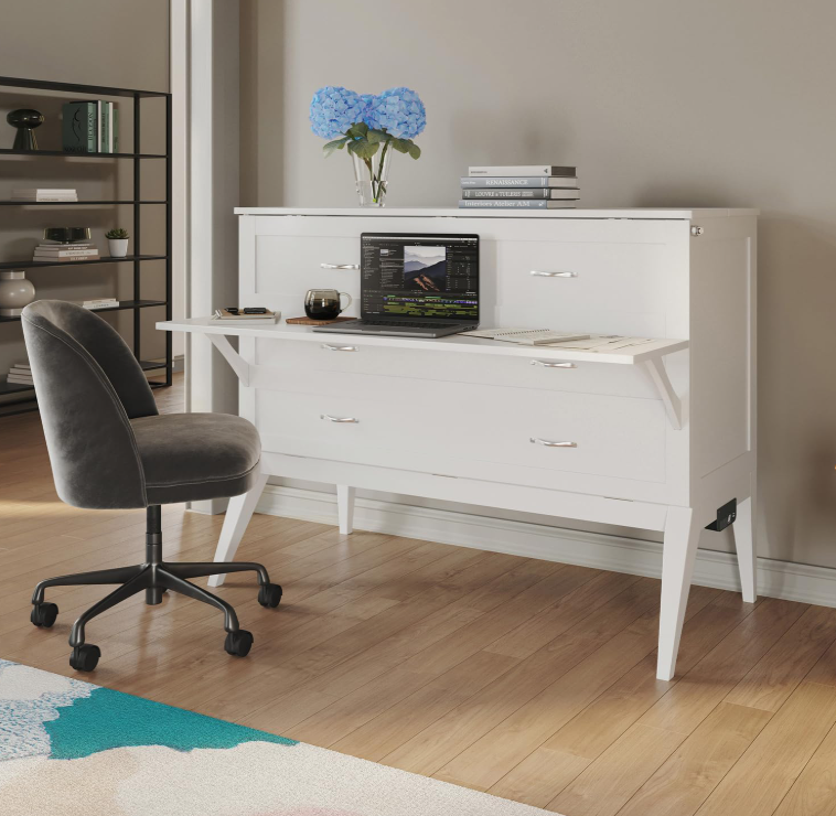 Premium Maykoosh murphy beds with desk with charging station, USB ports, and memoryfoam mattress in modern white finish