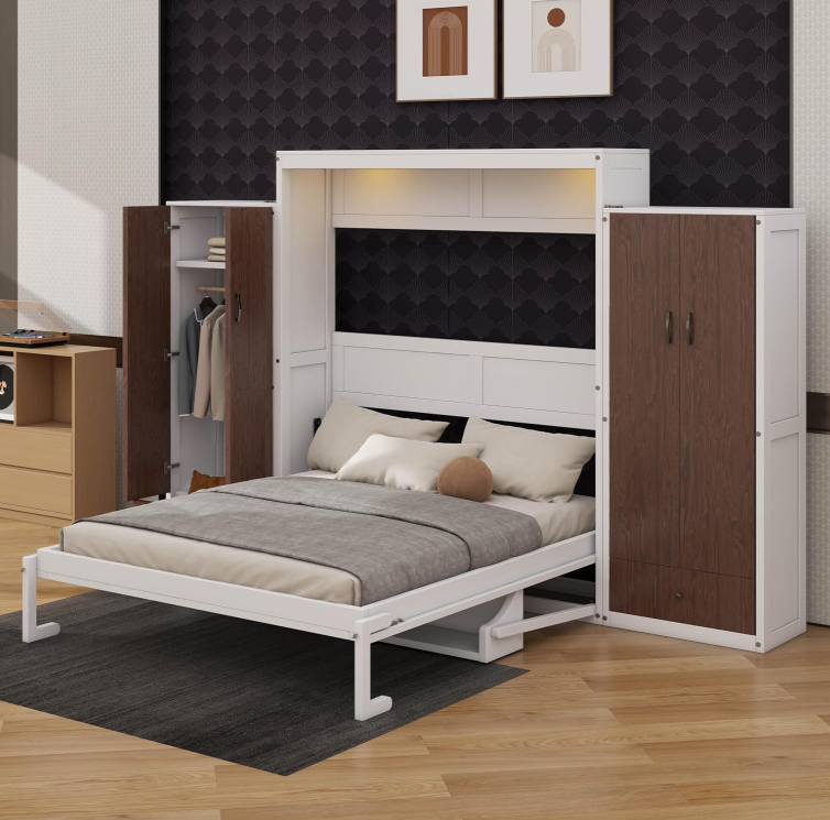 YunNianYang white full murphy bed with desk, side closet, and storage drawers in a studio apartment or small guest room