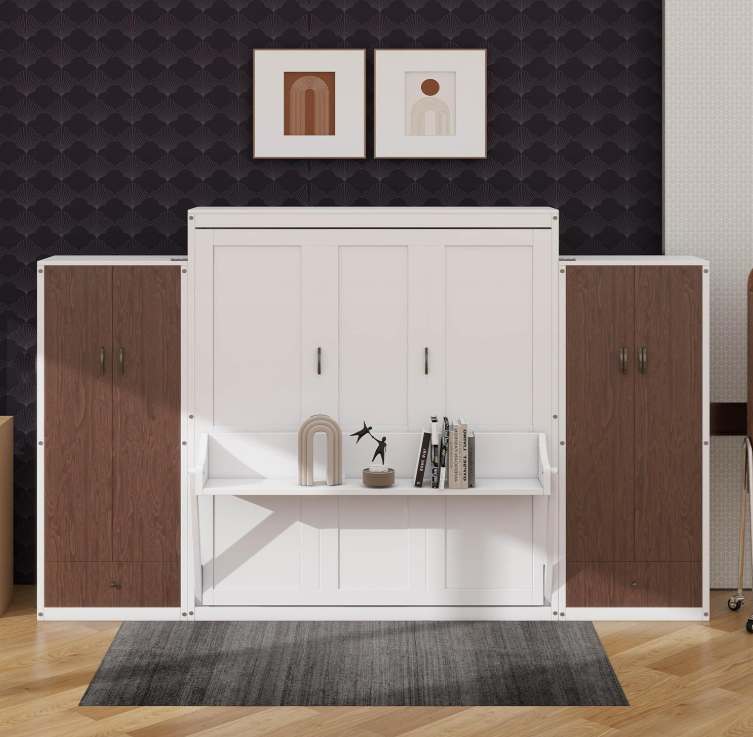 YunNianYang white full murphy bed with desk, side closet, and storage drawers in a studio apartment or small guest room