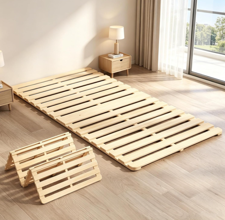 LILYPELLE foldable tatami room bed frame with solid wood slats placed on bedroom floor