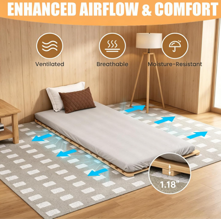 LILYPELLE foldable tatami room bed frame with solid wood slats placed on bedroom floors 