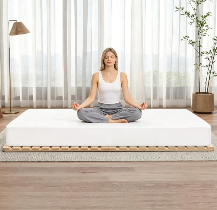 Low profile tatami room bed frame on floor next to traditional high bed frame comparison