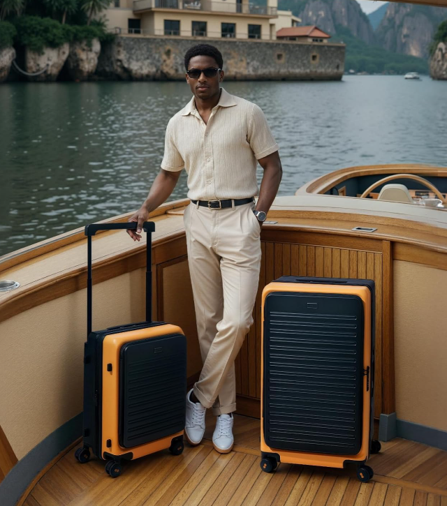  Level 8 luggage Adventure expandable suitcase set in yellow and black two tone design on white background