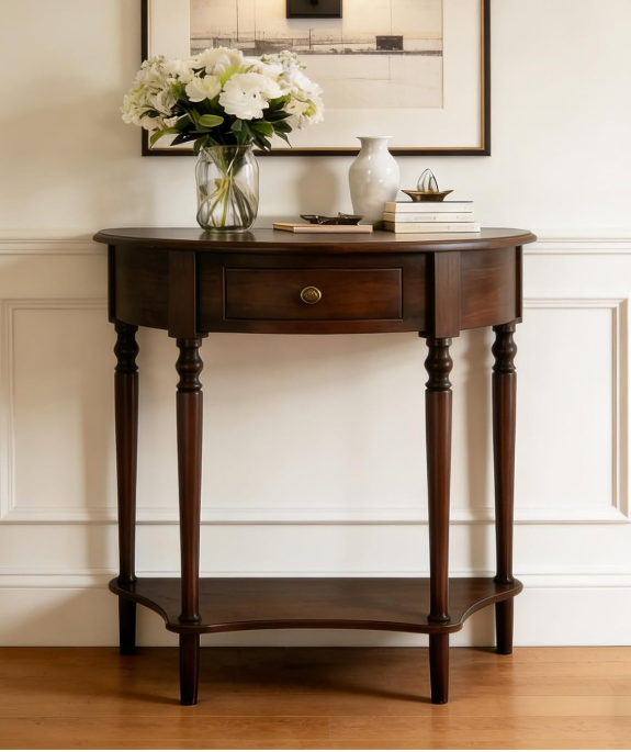 Vintage half moon furniture table console with solid wood drawer