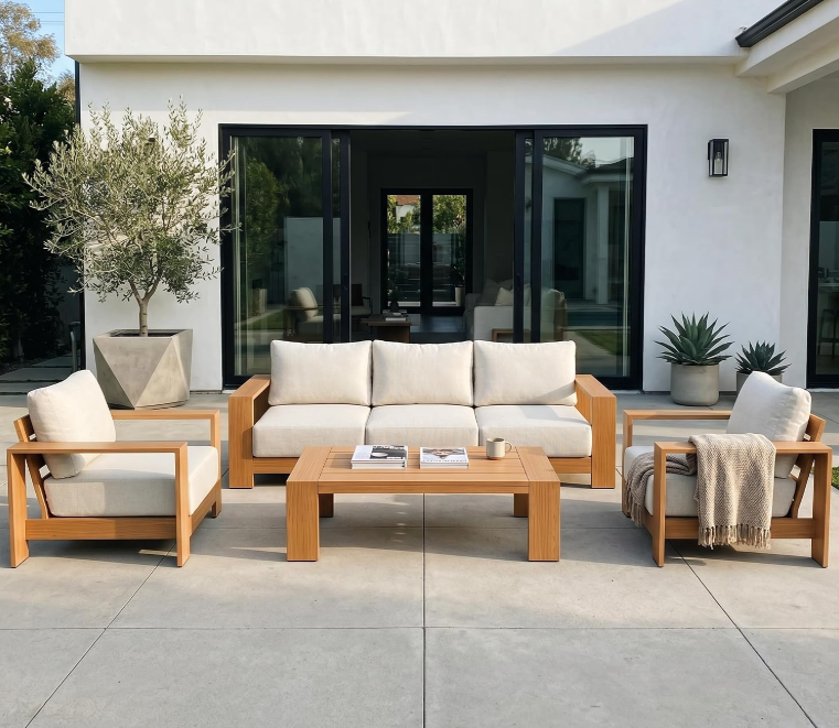 4-Piece Aluminum outdoor office sofa set with thick cushions in beige