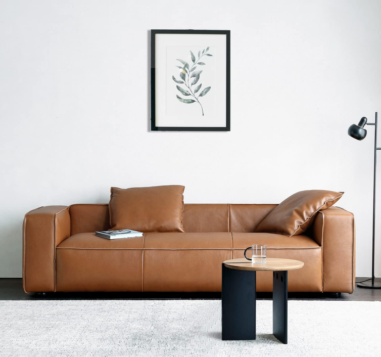 Acanva Mid-Century 3-seater genuine leather office sofa in brown