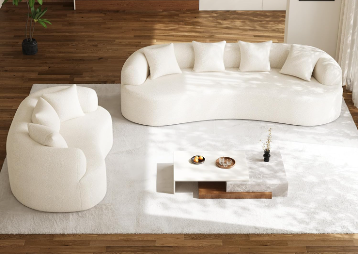 Oversized chenille 4-seater curved sectional office sofa in cream white