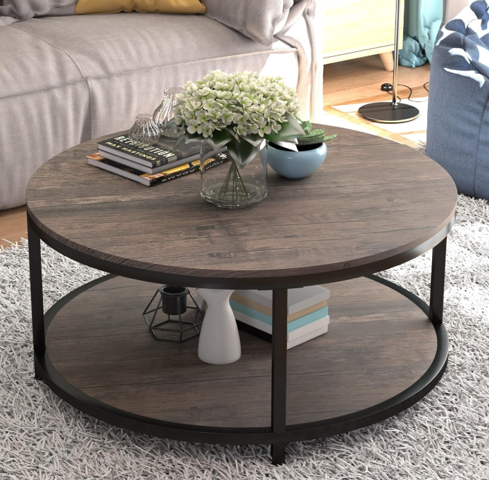 HOOBRO mid-century round coffee table in walnut finish for living room