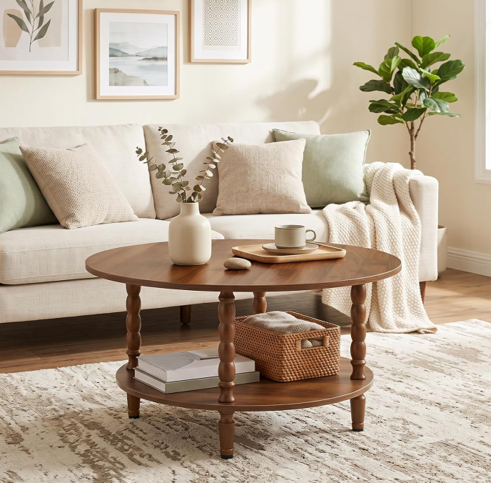 WLIVE 2-tier circle wood round coffee table for small apartment