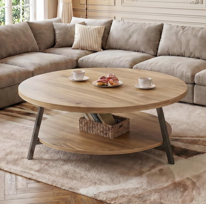 Industrial round coffee table with open storage for living room
