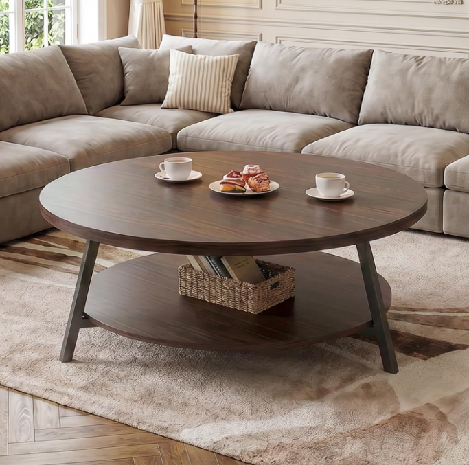 FAMIDGE circle round coffee table with wooden top for indoor and outdoor use