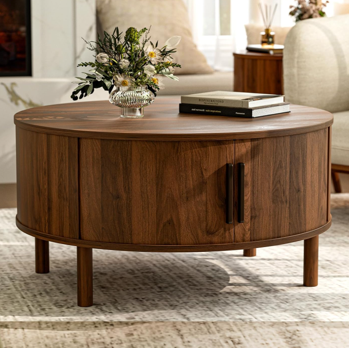 circle wood round coffee table with storage  for small apartment