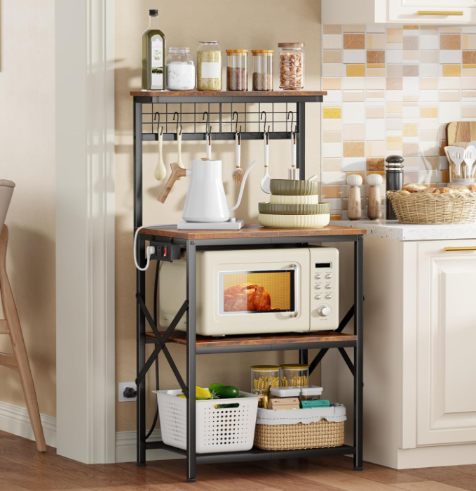  4-tier microwave cabinet with power outlet in rustic brown kitchen