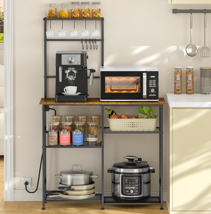  6-tier microwave and cabinet bakers rack with S-hooks